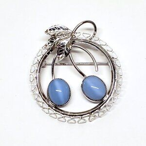 Vintage CJR White Gold Filled Moonstone Brooch Pin Leaf Plum Circle Grey Blue